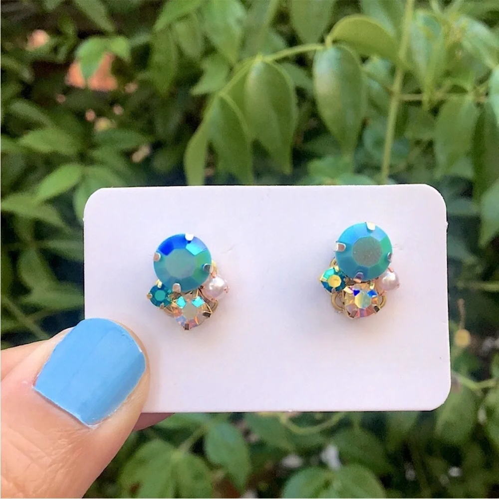 Iridescent Turquoise, Sapphire Aurora Borealis + Pearl Gold Earrings